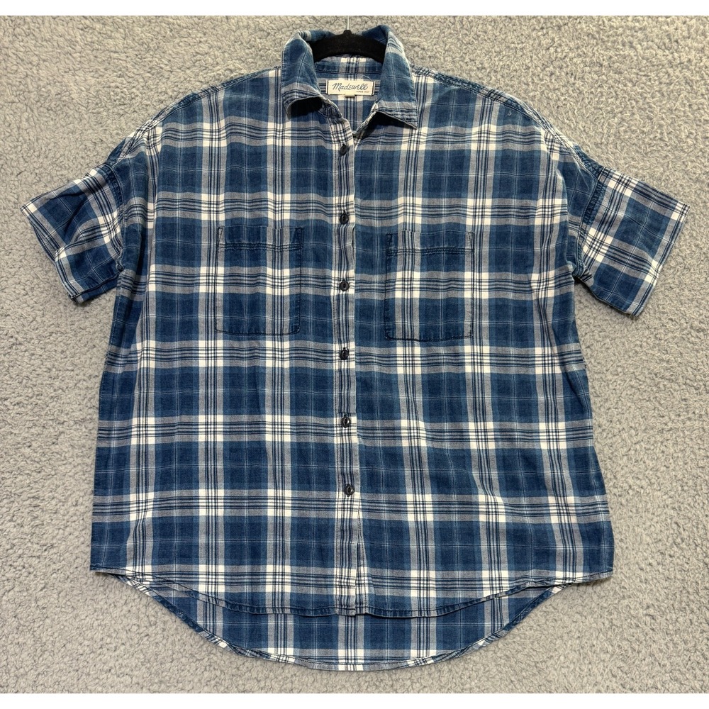 Madewell Courier Plaid Short Sleeve Button Shirt Top Blue White Womens XS